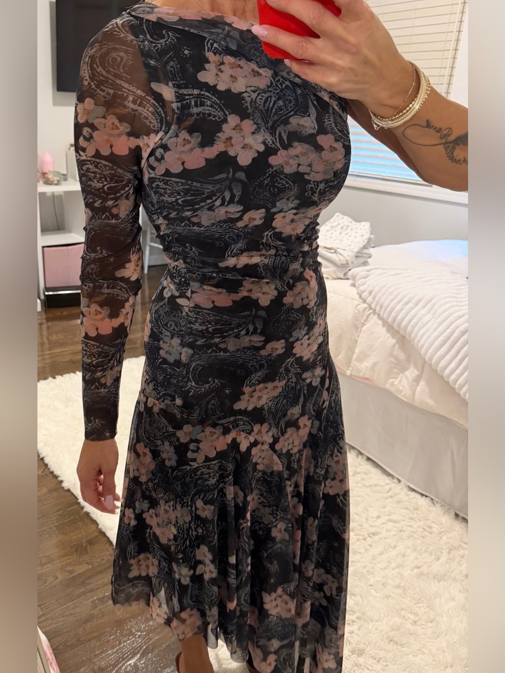 Zara Black Mesh One Sleeve Midi Dress with Pink Floral Print